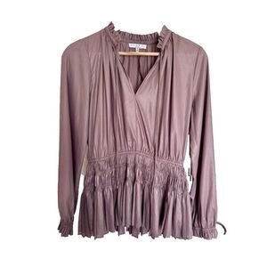 Current Air Smocked Waist Long Sleeve Blouse Smokey Amethyst Tie Neck Med